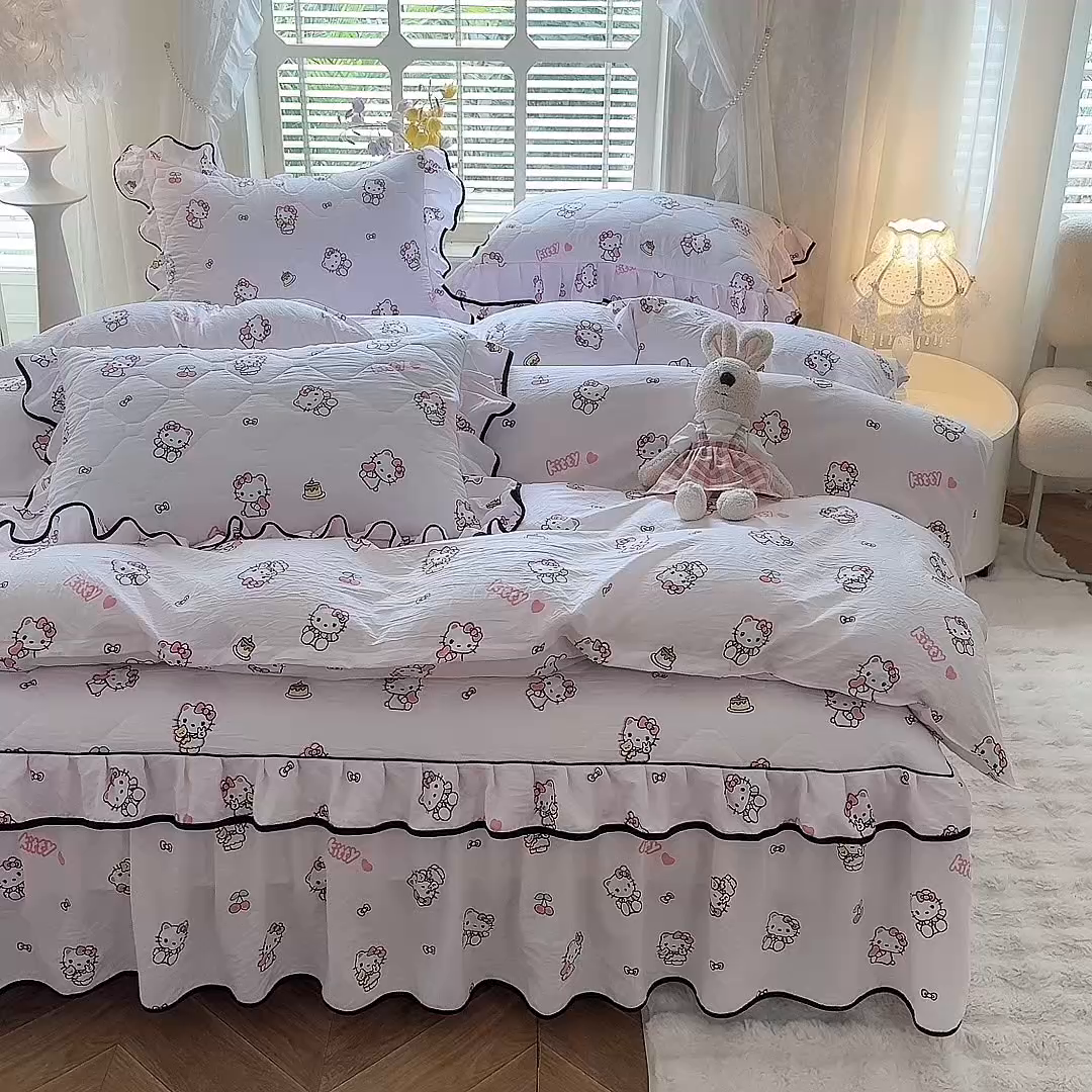 91家纺网 家纺一手货源 找家纺 优家居 2025新品水洗棉全夹棉床裙四件套韩版糯糯棉水洗皱皱纱床罩花边被套枕套直播爆款 粉色猫猫