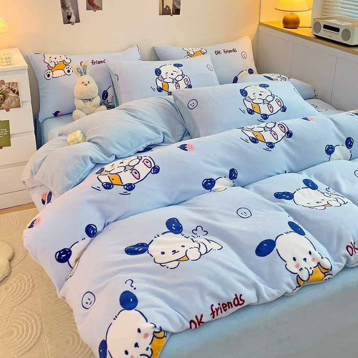 西引力 2025新款亲肤舒适加厚牛奶绒印花四件套 调皮狗蓝