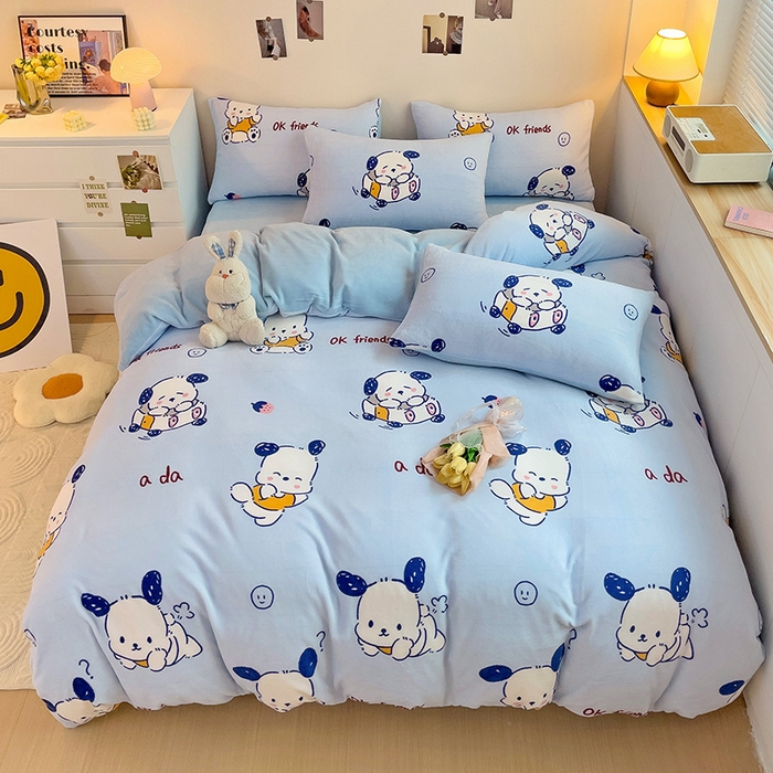 91家纺网 家纺一手货源 找家纺 西引力 2025新款亲肤舒适加厚牛奶绒印花四件套 调皮狗蓝