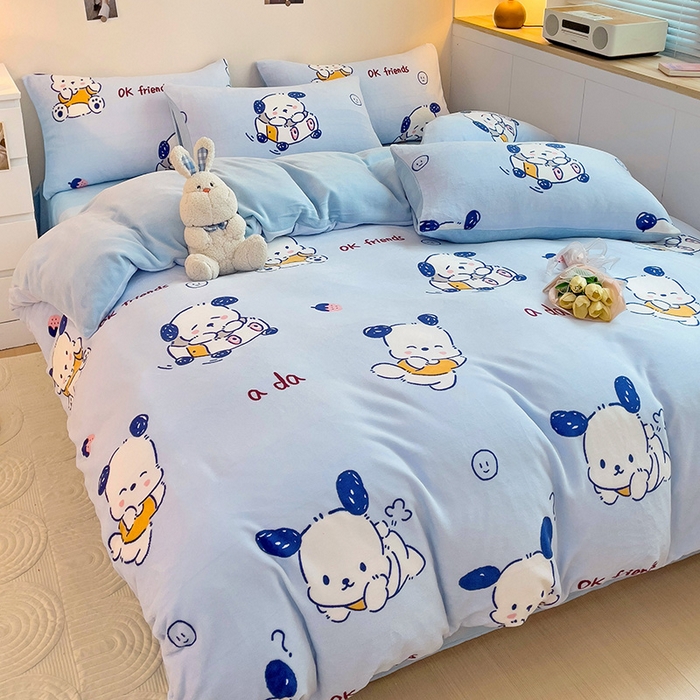 91家纺网 家纺一手货源 找家纺 西引力 2025新款亲肤舒适加厚牛奶绒印花四件套 调皮狗蓝