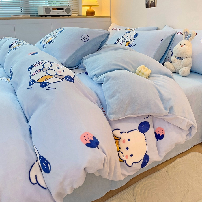 91家纺网 家纺一手货源 找家纺 西引力 2025新款亲肤舒适加厚牛奶绒印花四件套 调皮狗蓝