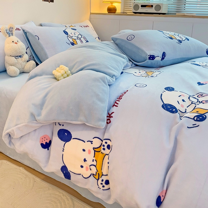 91家纺网 家纺一手货源 找家纺 西引力 2025新款亲肤舒适加厚牛奶绒印花四件套 调皮狗蓝