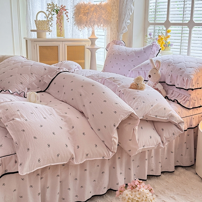 91家纺网 家纺一手货源 找家纺 优家居 2025新品水洗棉全夹棉床裙四件套韩版糯糯棉水洗皱皱纱床罩花边被套枕套直播爆款 粉雾结语