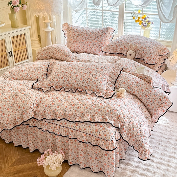 优家居 2025新品水洗棉全夹棉床裙四件套韩版糯糯棉水洗皱皱纱床罩花边被套枕套直播爆款 陌上花开