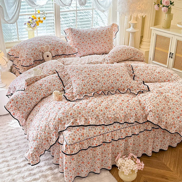 91家纺网 家纺一手货源 找家纺 优家居 2025新品水洗棉全夹棉床裙四件套韩版糯糯棉水洗皱皱纱床罩花边被套枕套直播爆款 陌上花开