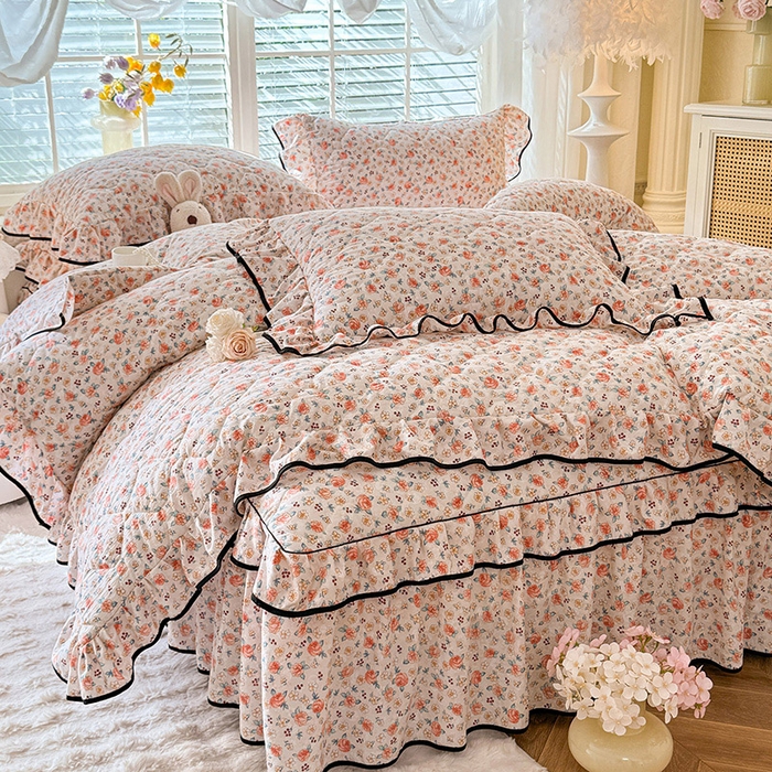 91家纺网 家纺一手货源 找家纺 优家居 2025新品水洗棉全夹棉床裙四件套韩版糯糯棉水洗皱皱纱床罩花边被套枕套直播爆款 陌上花开