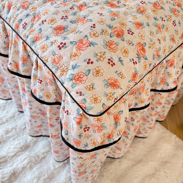 91家纺网 家纺一手货源 找家纺 优家居 2025新品水洗棉全夹棉床裙四件套韩版糯糯棉水洗皱皱纱床罩花边被套枕套直播爆款 陌上花开