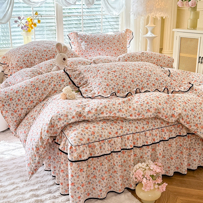 91家纺网 家纺一手货源 找家纺 优家居 2025新品水洗棉全夹棉床裙四件套韩版糯糯棉水洗皱皱纱床罩花边被套枕套直播爆款 陌上花开