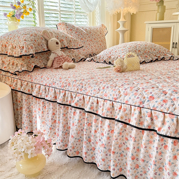 91家纺网 家纺一手货源 找家纺 优家居 2025新品水洗棉全夹棉床裙四件套韩版糯糯棉水洗皱皱纱床罩花边被套枕套直播爆款 陌上花开