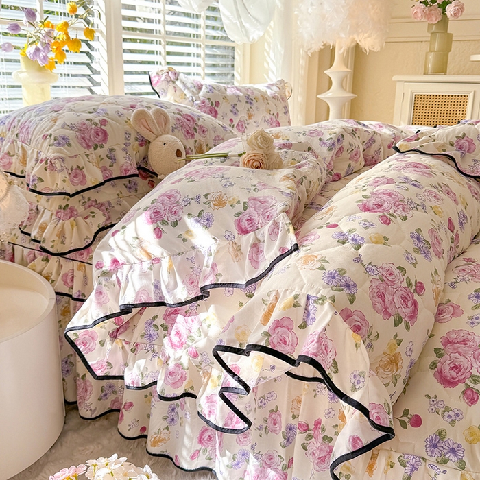 91家纺网 家纺一手货源 找家纺 优家居 2025新品水洗棉全夹棉床裙四件套韩版糯糯棉水洗皱皱纱床罩花边被套枕套直播爆款 紫雾花园