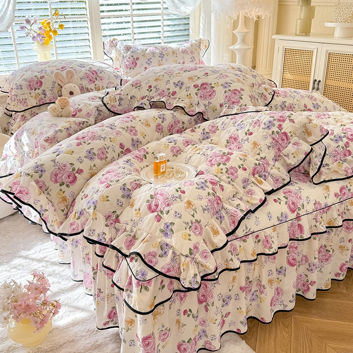 91家纺网 家纺一手货源 找家纺 优家居 2025新品水洗棉全夹棉床裙四件套韩版糯糯棉水洗皱皱纱床罩花边被套枕套直播爆款 紫雾花园