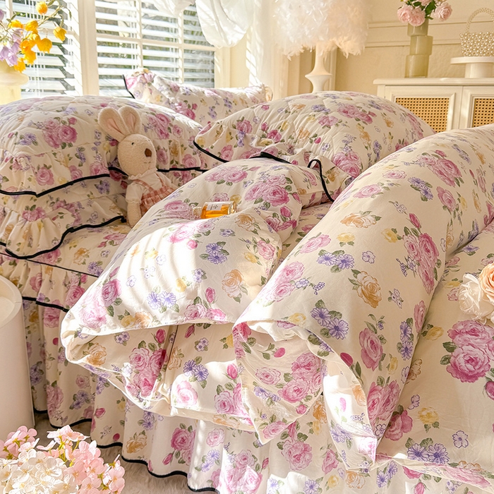 91家纺网 家纺一手货源 找家纺 优家居 2025新品水洗棉全夹棉床裙四件套韩版糯糯棉水洗皱皱纱床罩花边被套枕套直播爆款 紫雾花园