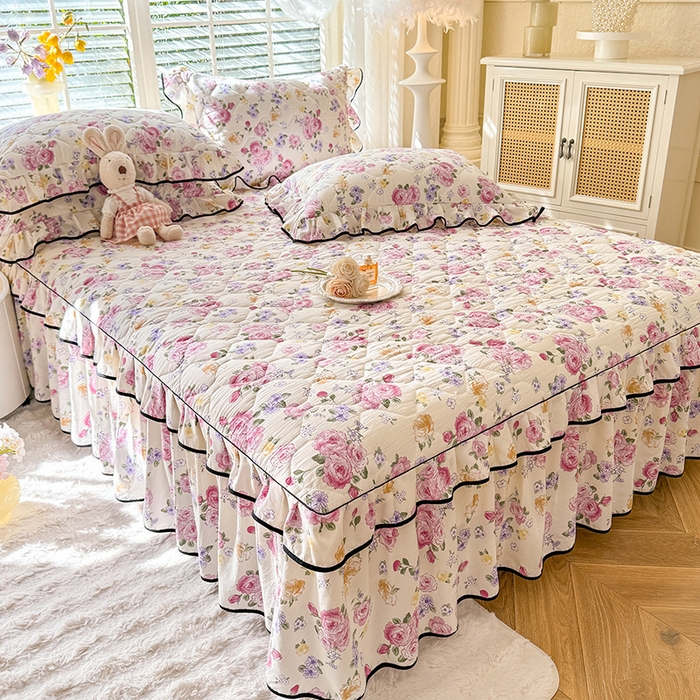 91家纺网 家纺一手货源 找家纺 优家居 2025新品水洗棉全夹棉床裙四件套韩版糯糯棉水洗皱皱纱床罩花边被套枕套直播爆款 紫雾花园