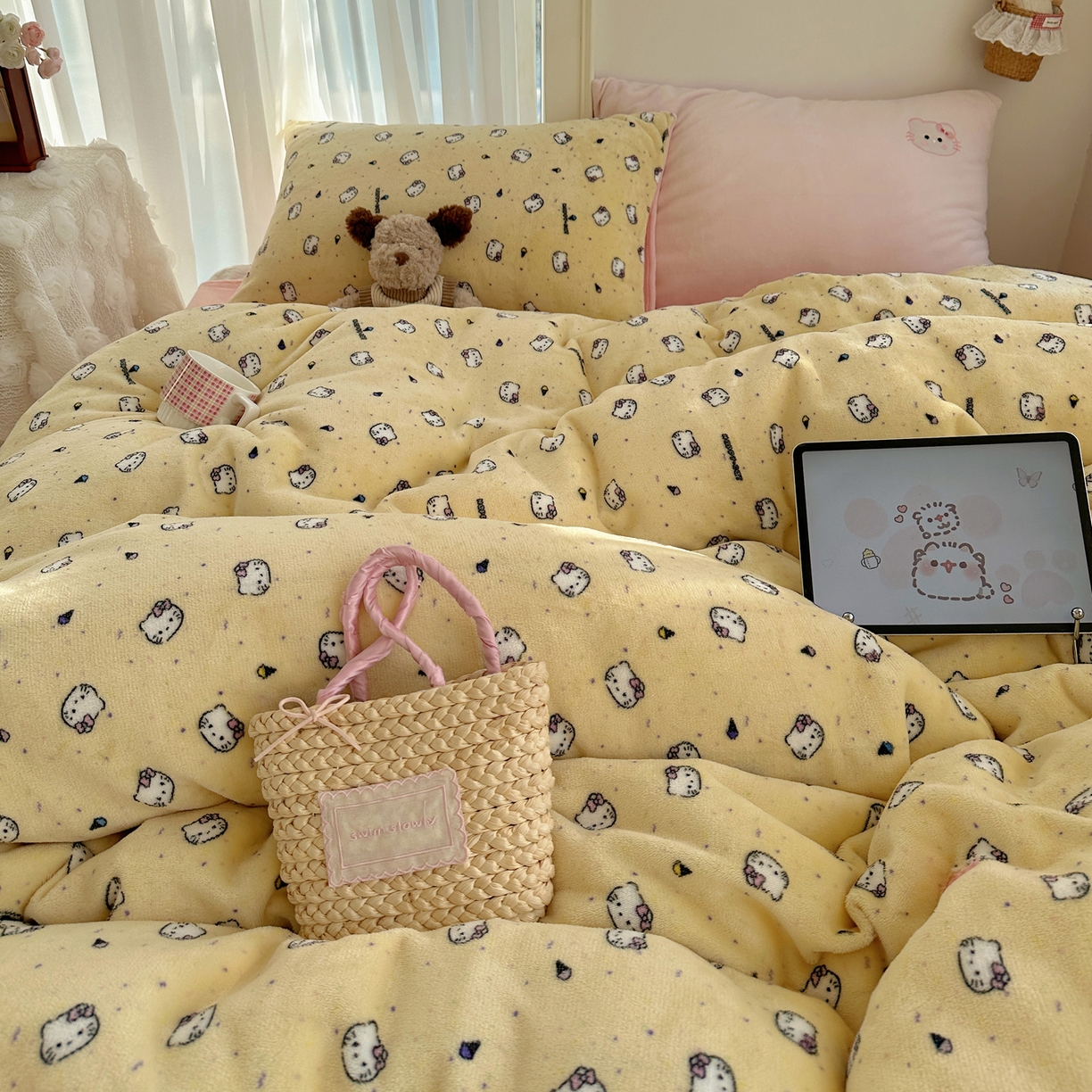 91家纺网 家纺一手货源 找家纺 顾里家纺 2025新款韩系兔毛贴布绣牛奶绒四件套 旺财猫咪