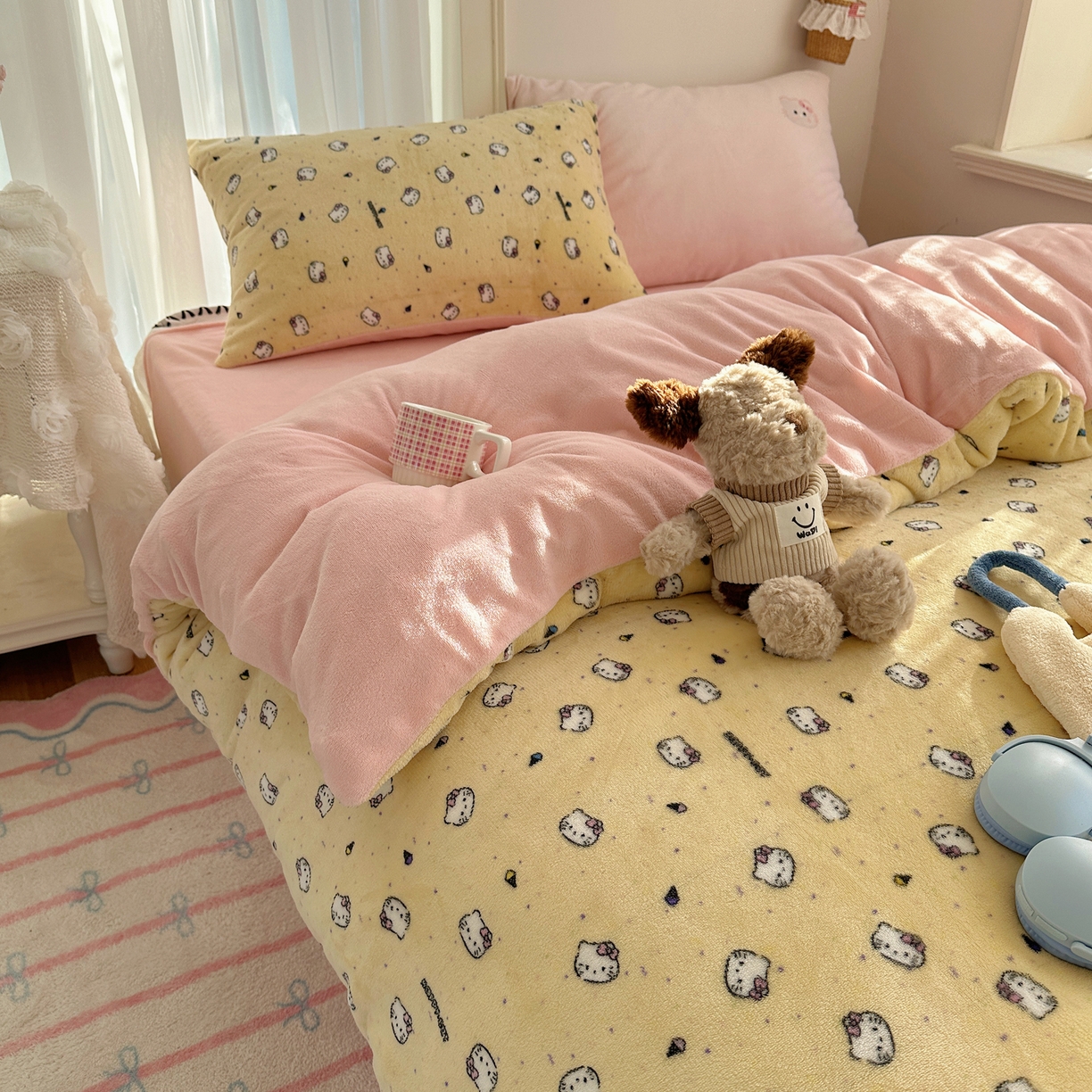 91家纺网 家纺一手货源 找家纺 顾里家纺 2025新款韩系兔毛贴布绣牛奶绒四件套 旺财猫咪