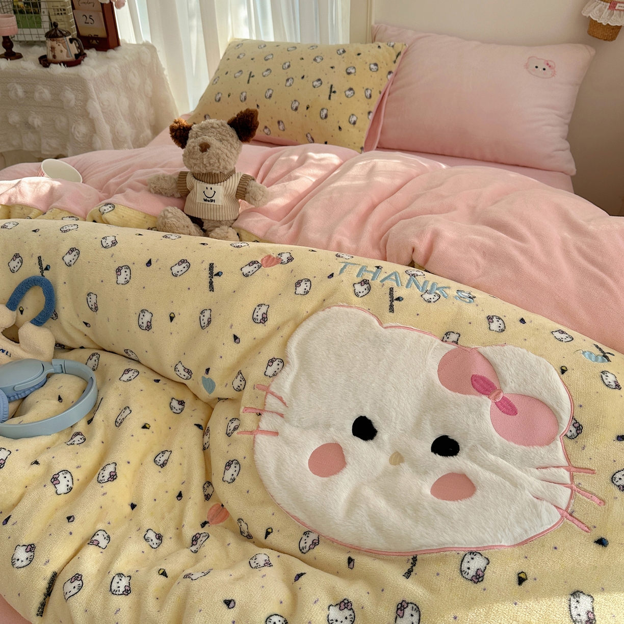 顾里家纺 2025新款韩系兔毛贴布绣牛奶绒四件套 旺财猫咪