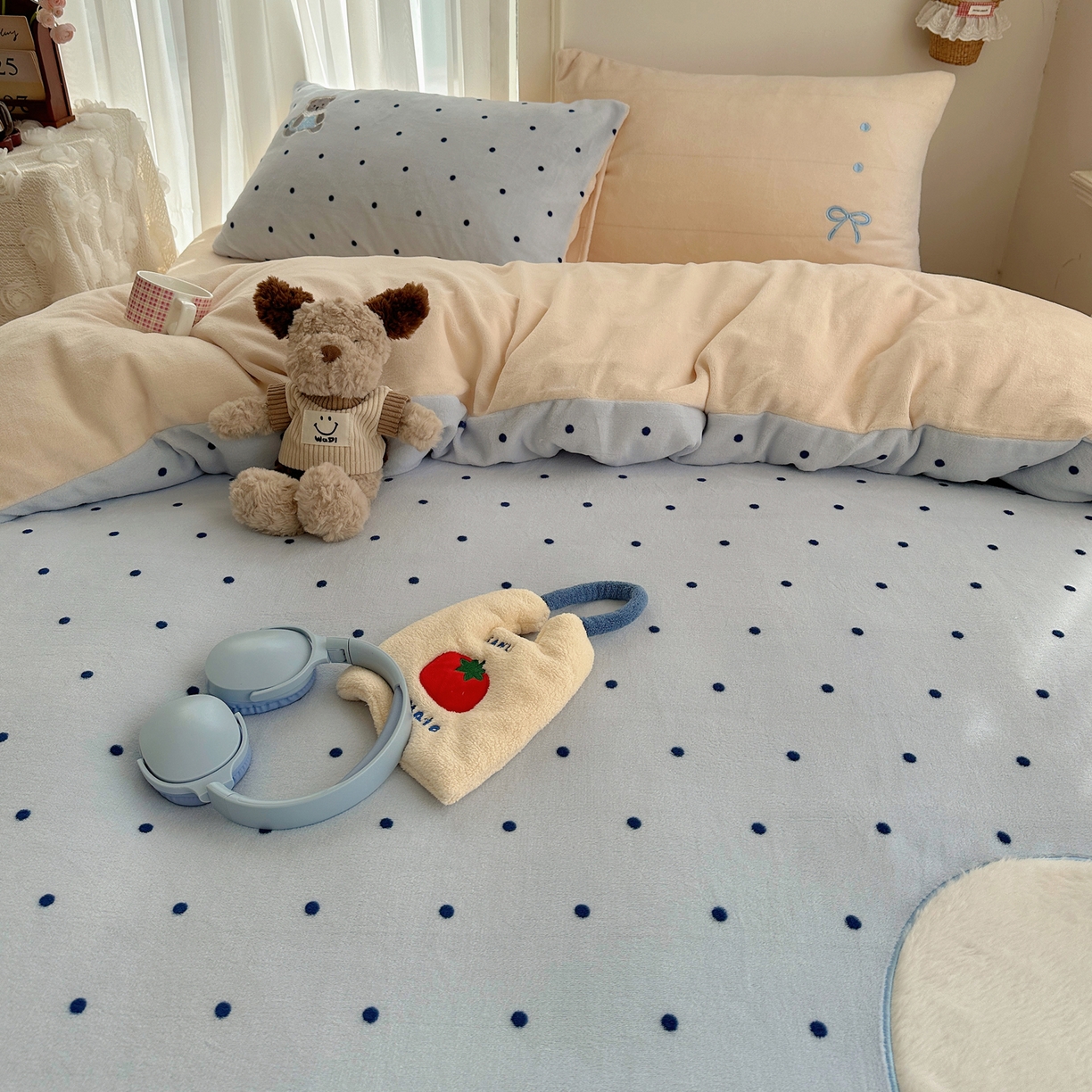 91家纺网 家纺一手货源 找家纺 顾里家纺 2025新款韩系兔毛贴布绣牛奶绒四件套 甜心小熊