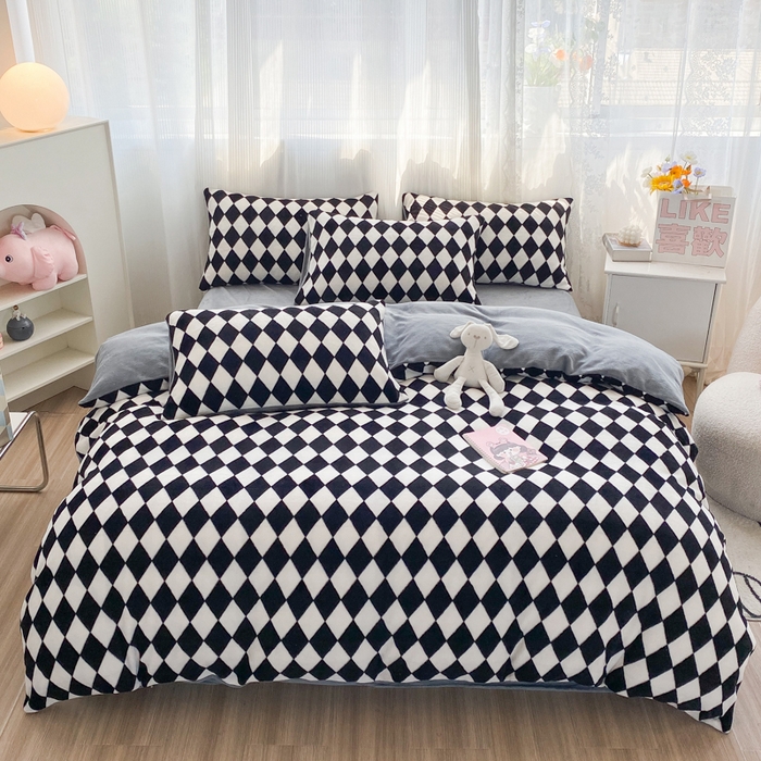 91家纺网 家纺一手货源 找家纺 西引力 2025新款亲肤舒适加厚牛奶绒印花四件套 格子