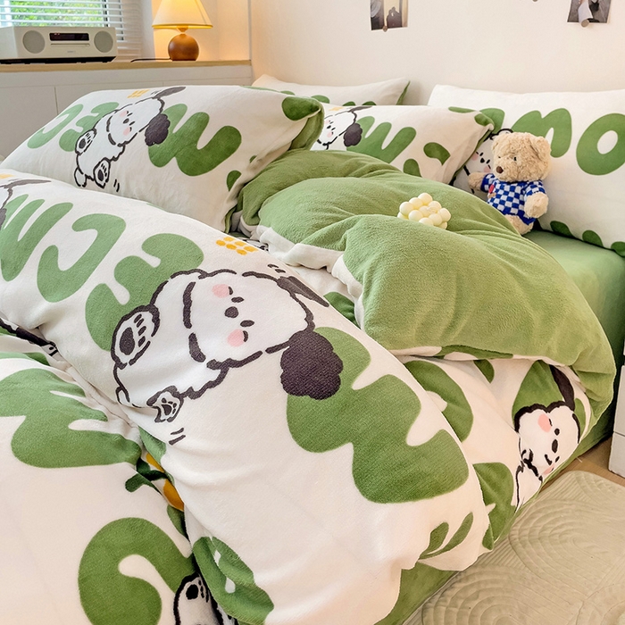 91家纺网 家纺一手货源 找家纺 西引力 2025新款亲肤舒适加厚牛奶绒印花四件套 欢乐萌宠