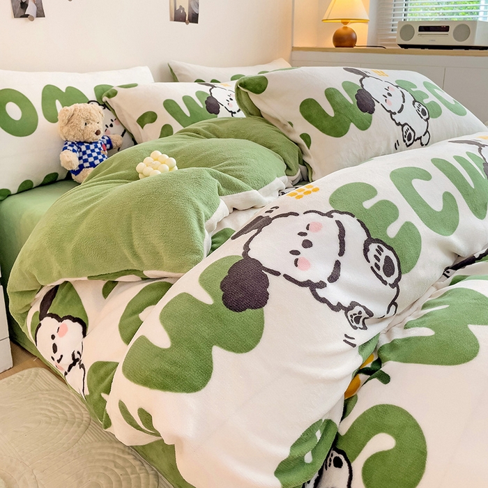 91家纺网 家纺一手货源 找家纺 西引力 2025新款亲肤舒适加厚牛奶绒印花四件套 欢乐萌宠