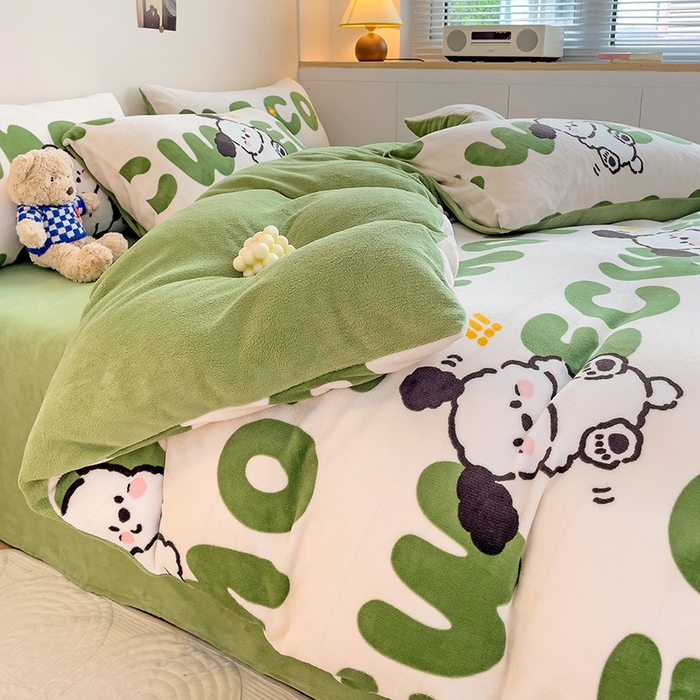 91家纺网 家纺一手货源 找家纺 西引力 2025新款亲肤舒适加厚牛奶绒印花四件套 欢乐萌宠