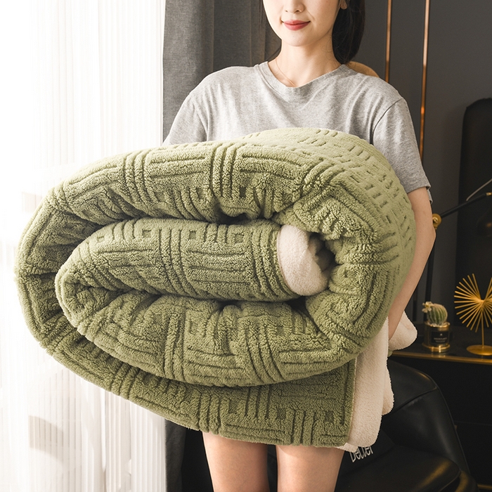 91家纺网 家纺一手货源 找家纺 印季家纺 2025秋冬新款三层夹棉立体舒棉绒毛毯毯子多功能盖毯 嫩绿