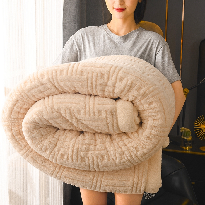 91家纺网 家纺一手货源 找家纺 印季家纺 2025秋冬新款三层夹棉立体舒棉绒毛毯毯子多功能盖毯 米白