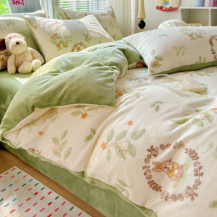 91家纺网 家纺一手货源 找家纺 西引力 2025新款亲肤舒适加厚牛奶绒印花四件套 可爱兔