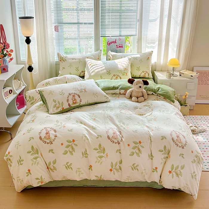 91家纺网 家纺一手货源 找家纺 西引力 2025新款亲肤舒适加厚牛奶绒印花四件套 可爱兔