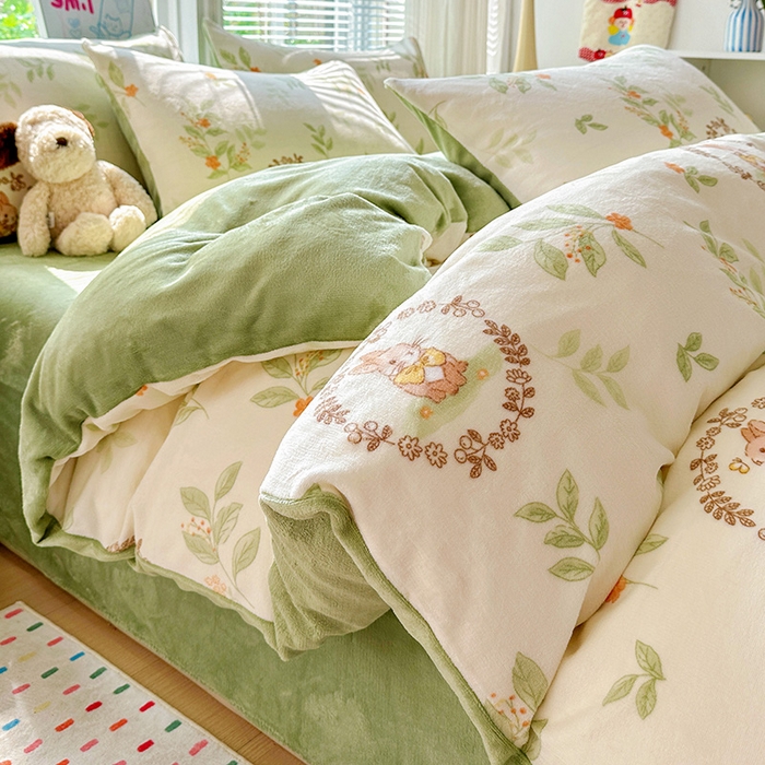 91家纺网 家纺一手货源 找家纺 西引力 2025新款亲肤舒适加厚牛奶绒印花四件套 可爱兔