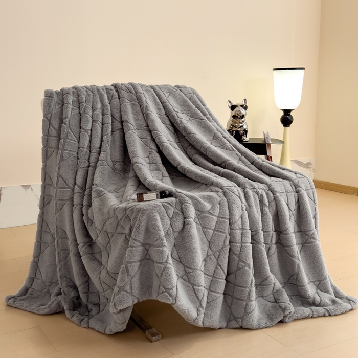 印季家纺 2025新款双层提花兔毛绒毛毯毯子 提花兔毛绒-浅灰