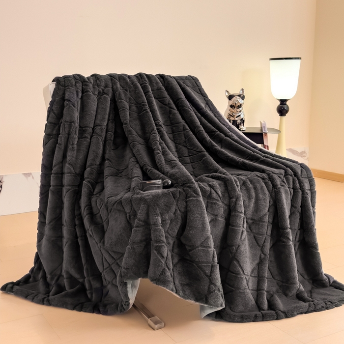 印季家纺 2025新款双层提花兔毛绒毛毯毯子 提花兔毛绒-深灰