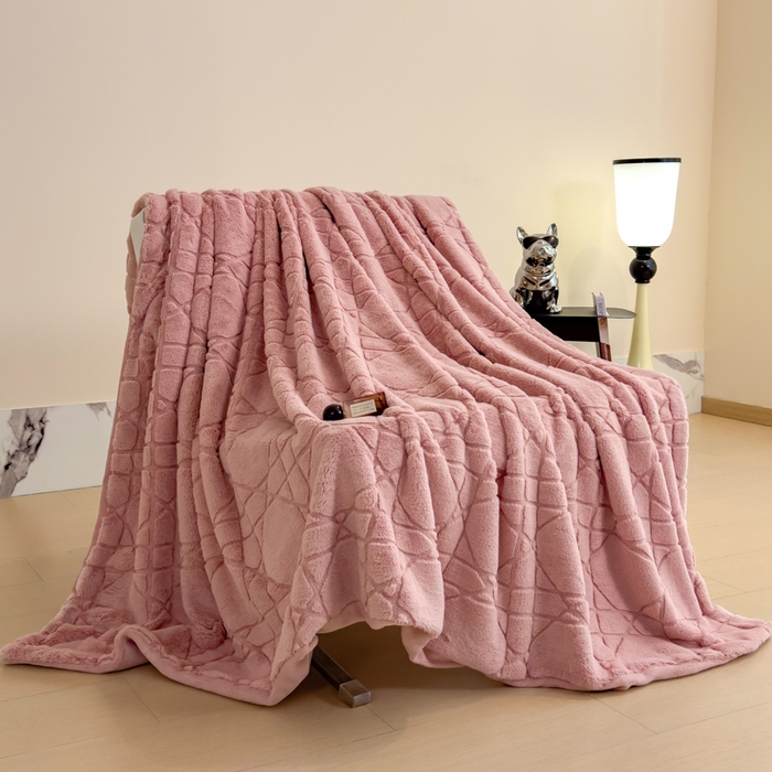 印季家纺 2025新款双层提花兔毛绒毛毯毯子 提花兔毛绒-豆沙
