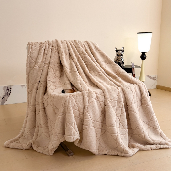 印季家纺 2025新款双层提花兔毛绒毛毯毯子 提花兔毛绒-卡其