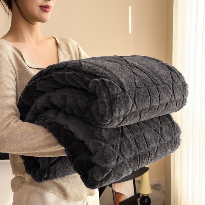 91家纺网 家纺一手货源 找家纺 印季家纺 2025新款双层提花兔毛绒毛毯毯子 提花兔毛绒-深灰