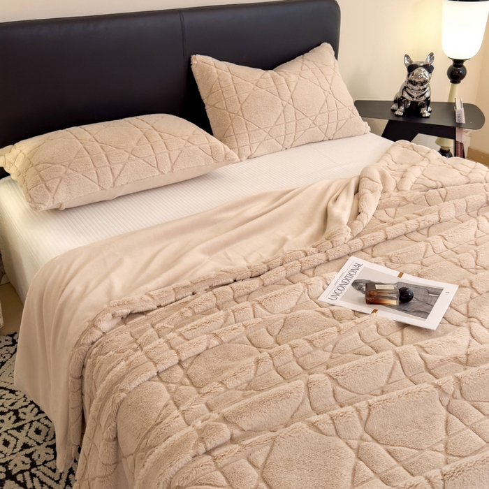 91家纺网 家纺一手货源 找家纺 印季家纺 2025新款双层提花兔毛绒毛毯毯子 提花兔毛绒-卡其