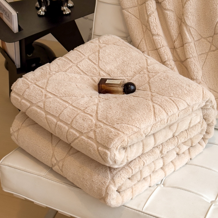 91家纺网 家纺一手货源 找家纺 印季家纺 2025新款双层提花兔毛绒毛毯毯子 提花兔毛绒-卡其