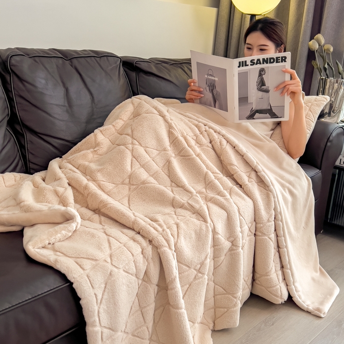 91家纺网 家纺一手货源 找家纺 印季家纺 2025新款双层提花兔毛绒毛毯毯子 提花兔毛绒-卡其