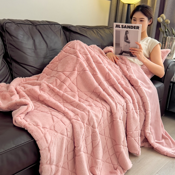 91家纺网 家纺一手货源 找家纺 印季家纺 2025新款双层提花兔毛绒毛毯毯子 提花兔毛绒-豆沙