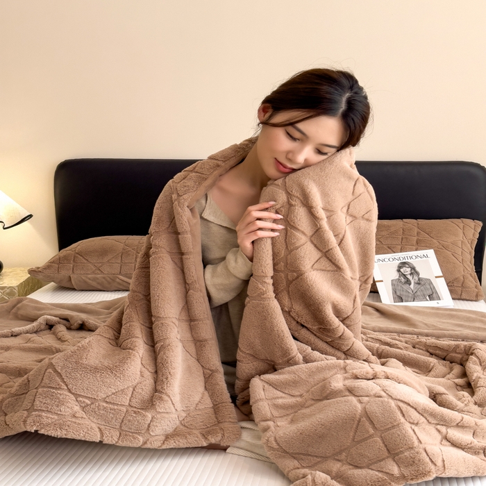 91家纺网 家纺一手货源 找家纺 印季家纺 2025新款双层提花兔毛绒毛毯毯子 提花兔毛绒-咖啡