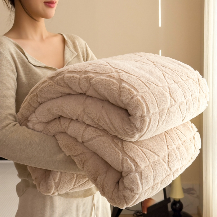 91家纺网 家纺一手货源 找家纺 印季家纺 2025新款双层提花兔毛绒毛毯毯子 提花兔毛绒-卡其