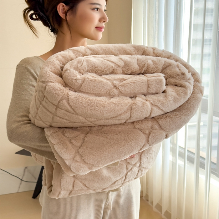 91家纺网 家纺一手货源 找家纺 印季家纺 2025新款双层提花兔毛绒毛毯毯子 提花兔毛绒-卡其