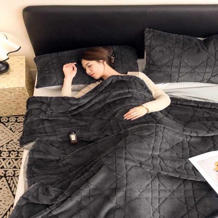 91家纺网 家纺一手货源 找家纺 印季家纺 2025新款双层提花兔毛绒毛毯毯子 提花兔毛绒-深灰