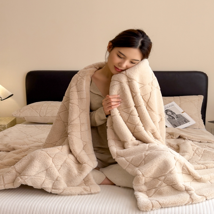 91家纺网 家纺一手货源 找家纺 印季家纺 2025新款双层提花兔毛绒毛毯毯子 提花兔毛绒-卡其