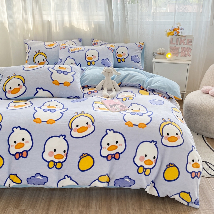 91家纺网 家纺一手货源 找家纺 西引力 2025新款亲肤舒适加厚牛奶绒印花四件套 你好鸭