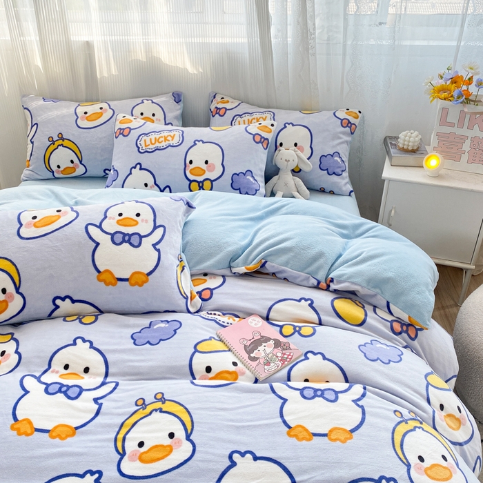 91家纺网 家纺一手货源 找家纺 西引力 2025新款亲肤舒适加厚牛奶绒印花四件套 你好鸭