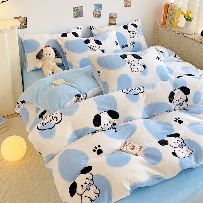 91家纺网 家纺一手货源 找家纺 西引力 2025新款亲肤舒适加厚牛奶绒印花四件套 牛奶狗