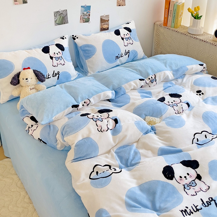 91家纺网 家纺一手货源 找家纺 西引力 2025新款亲肤舒适加厚牛奶绒印花四件套 牛奶狗