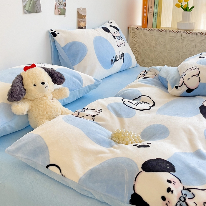 91家纺网 家纺一手货源 找家纺 西引力 2025新款亲肤舒适加厚牛奶绒印花四件套 牛奶狗