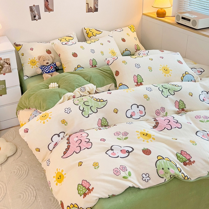 西引力 2025新款亲肤舒适加厚牛奶绒印花四件套 淘气恐龙